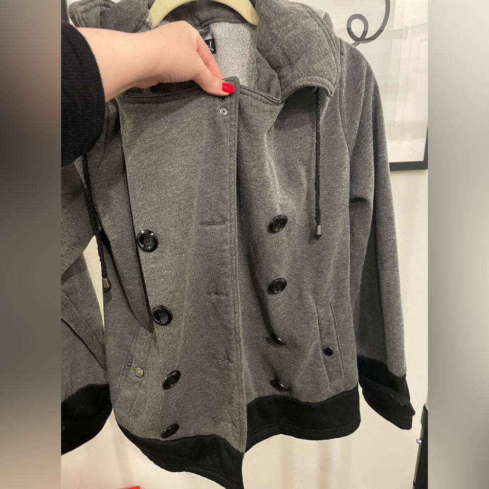Grey & black coat w/ detachable hood - Picture 2 of 8